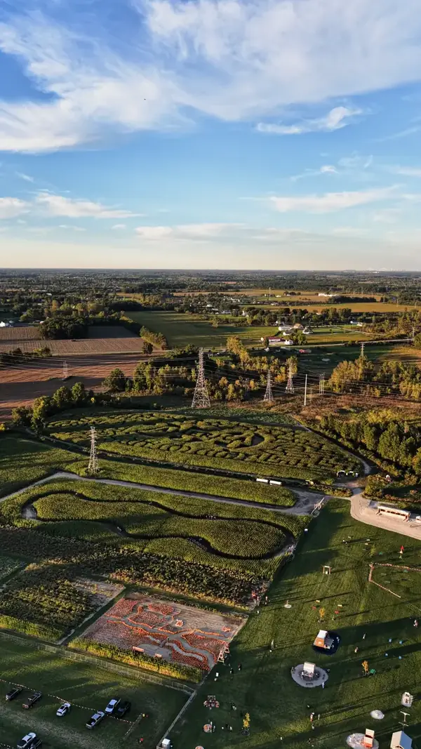 High aerial view over Kackleberry Farms' corn mazes, pumpkin display and flat farmland under a blue sky